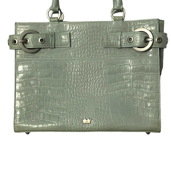 Elaine Turner Croc Embossed Satchel Womens Mint Green Leather Handbag Purse - Picture 2 of 13